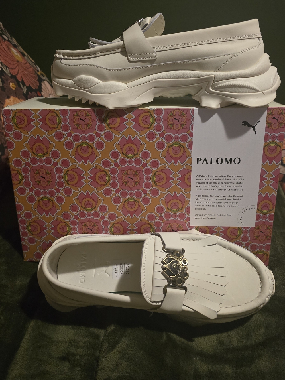 Puma White Fringe Loafers with Gold Accent